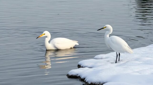 Two great egrets by a frozen lake shore during a cold winter afternoon
