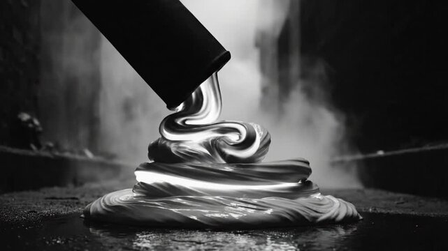 Black and white slow motion shot of molten substance being poured, abstract and artistic