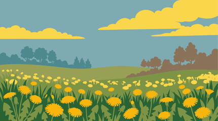 Obraz premium Vibrant yellow dandelions bloom abundantly in a lush green meadow under a clear blue sky with fluffy yellow clouds