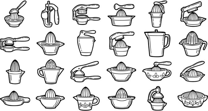 Kitchen Food Citrus Juicer and Lemon Squeezer Appliances Vector Line Art Icon Set. Hand Manual Reamers Black and White Outline Doodles Collection.