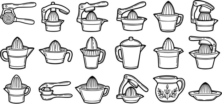 Food  Kitchen Tools: Hand-drawn Black and White Line Art Set of Citrus Juicers, Reamers, and Manual Fruit Squeezers Icons and Doodles