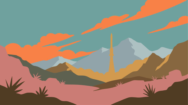Tall rocket launching from a desert landscape with mountains and orange clouds under a teal sky, in a flat vector style