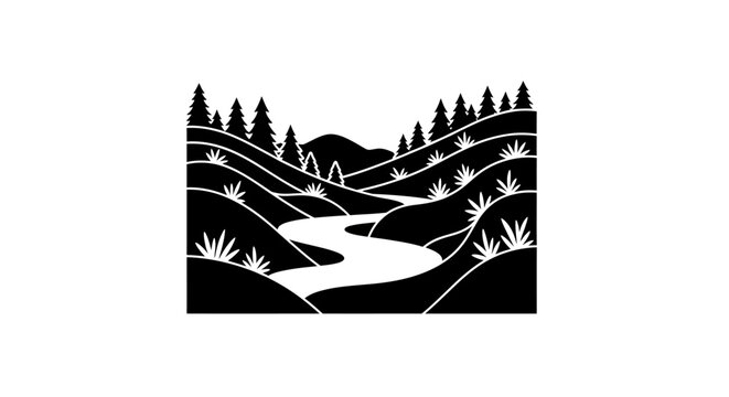 Winding river landscape with pine trees and rolling hills