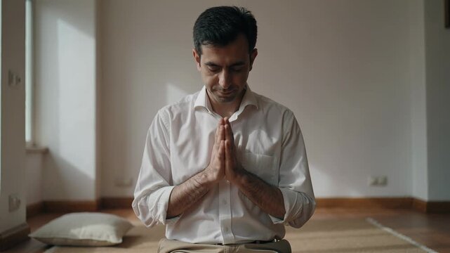 Man practices meditation in quiet room with simple decor during afternoon hours in a warm environment focused on mindfulness and inner peace