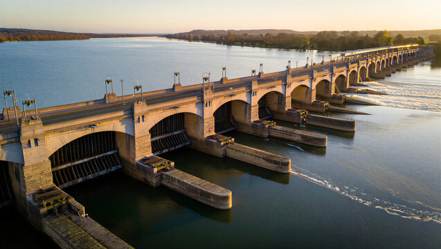 Aerial view of a concrete river dam with multiple spillway gates and flowing water at sunset, showing the infrastructure and reservoir