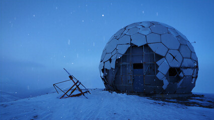 A damaged geodesic dome structure on a snowy mountain peak during a blue hour twilight with light snowfall and a metal frame nearby © tamim