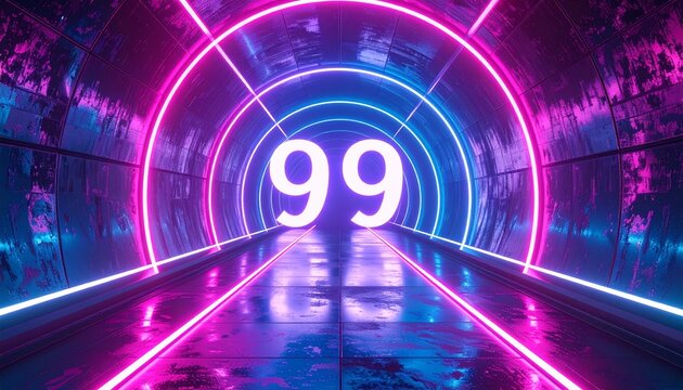 A futuristic neon-lit tunnel stretches forward with glowing pink and blue lines and the number 99 displayed prominently Technology Transport Travel