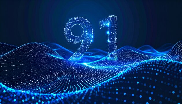Glowing blue digital wave with the number 91 rises in a futuristic landscape