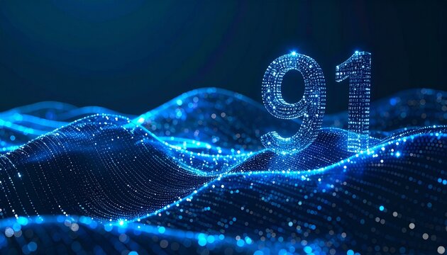 Glowing blue waves and dots form the number 91 in a digital landscape