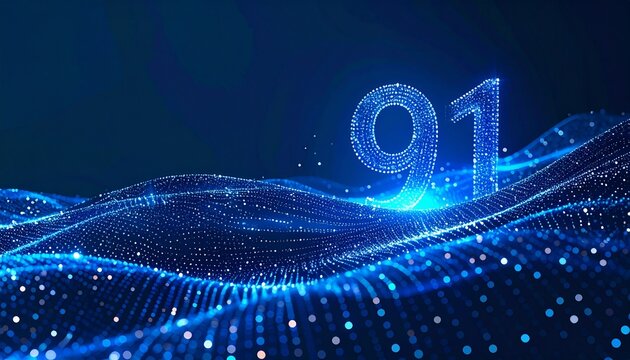 Glowing blue particles form waves with the number 91 in a dark background.