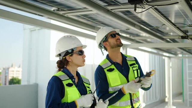 Two professional solar energy engineers in safety gear inspect and test solar panels using a digital multimeter. Male and female technicians working on a sustainable renewable energy project.