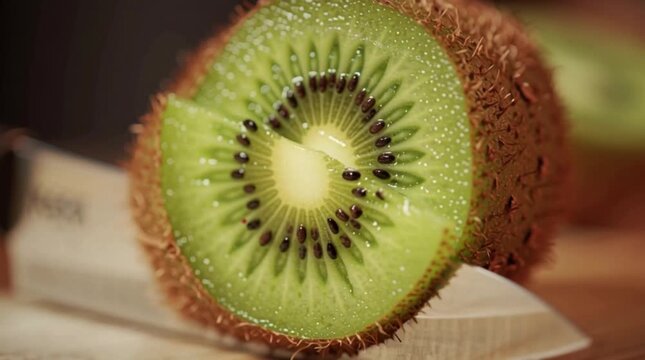 A halved kiwi fruit reveals its vibrant green interior with black seeds on a white plate.