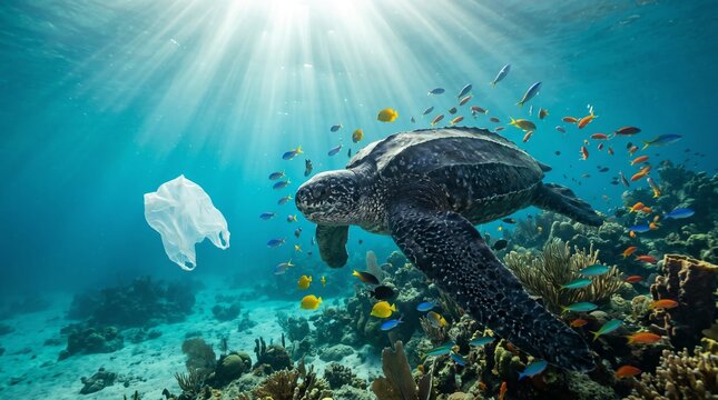 A majestic leatherback sea turtle navigates a vibrant coral reef, encountering a discarded plastic bag, highlighting environmental concerns
