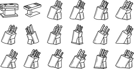 Black and White Line Art Set: Detailed Kitchen Knife Blocks with Knives and Gymnastics Vaulting Equipment Doodles for Food and Sport Industry Themes. © victoria