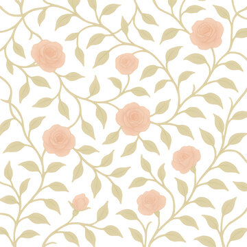 Elegant seamless watercolor pattern of scrolling rose vines and pink flowers isolated on a transparent background. generated by AI.