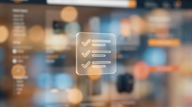 Glass check list icon floating over blurred background. Digital task management and ecommerce element for online validation. Concept of successful transaction and order completion process.