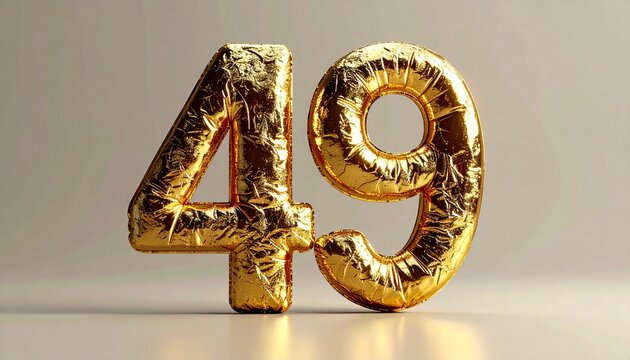 Golden balloons shaped like the number 49 on a reflective surface indoors