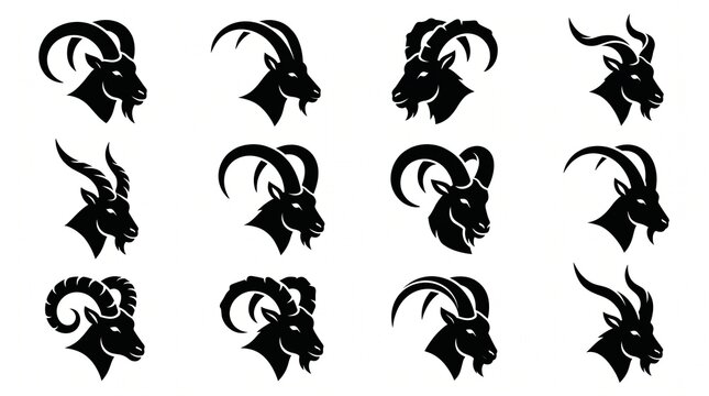 Collection of twelve different goat and ibex head silhouettes with silhouette