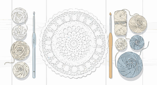 Close-up of crocheting tools and yarn balls arranged around a delicate lace doily