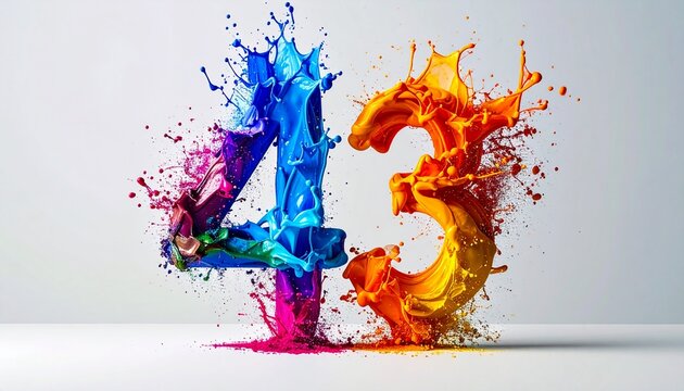 Vibrant colorful paint splashes form numbers on a white surface indoors.