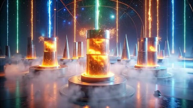 Futuristic abstract glowing cylinders with energy beams in a digital environment