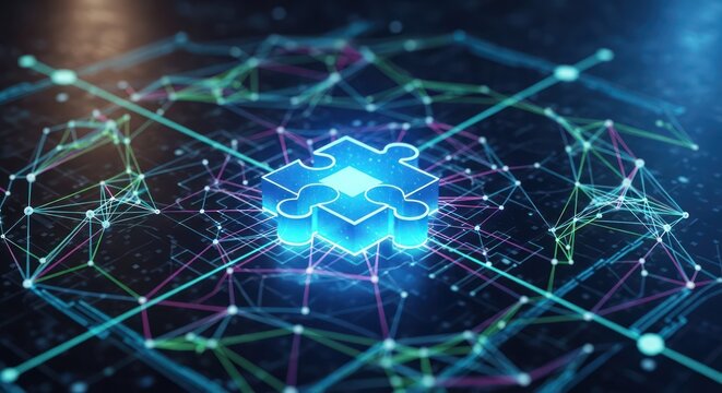 Glowing blue puzzle piece within digital data network.