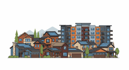 Fototapeta premium Diverse buildings houses with solar panels and apartment complex