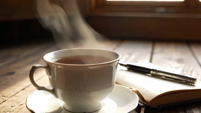 Steaming cup of coffee on a saucer next to an open notebook and pen on a rustic wooden table by a sunny window.