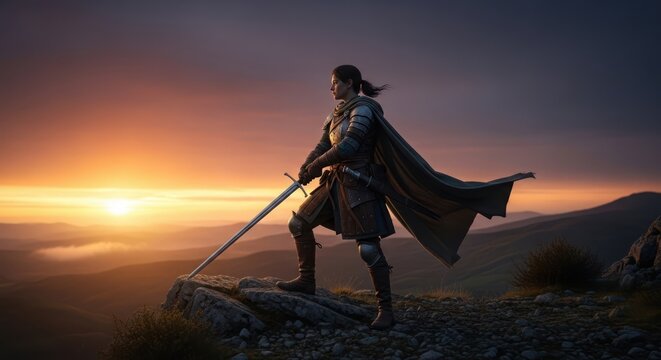 Medieval knight holding sword standing on hilltop at sunset.