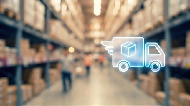 Delivery truck icon overlaying blurred warehouse background. E-commerce shipping concept with cardboard box transport. Fast logistics and supply chain distribution, global commerce service.