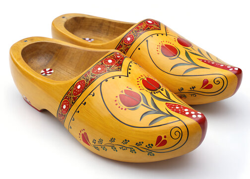 A pair of traditional Dutch wooden clogs- klompen, handcrafted national souvenir, isolated on a white background.