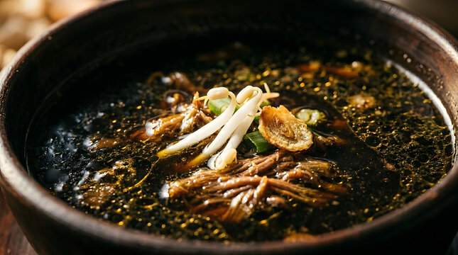 Rawon Black Kluwek Broth Macro Close-Up, East Javanese Dark Beef Soup Dramatic Contrast Landscape oreintation