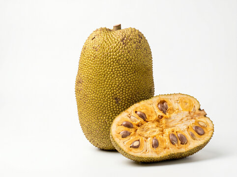 Exotic Cempedak Fruit Whole and Cut Open Isolated on White Background
