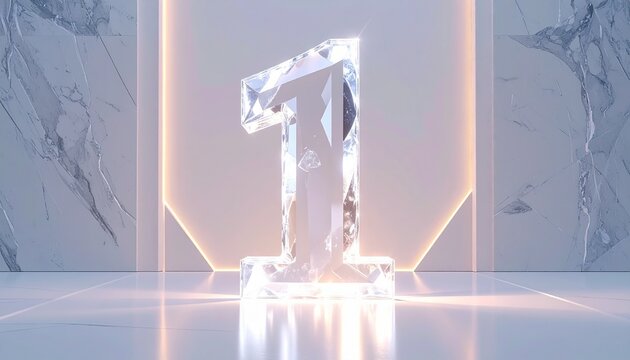 Glowing crystal number one sculpture stands on a reflective surface in a modern room with marble walls and neon lights.