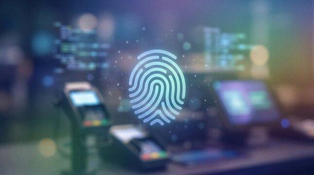 Fingerprint icon glowing above checkout terminal. Biometric security system for contactless payment in retail store. Digital identity verification and data protection technology concept.