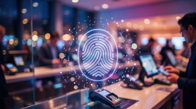 Man using payment terminal with digital fingerprint verification sensor. E-commerce security and biometric authentication system for shopping. Modern financial technology and safe transaction.