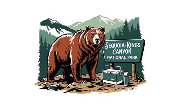Vintage grizzly bear standing by Sequoia-Kings Canyon National Park sign with camping gear, retro graphic illustration for t-shirt design and souvenirs