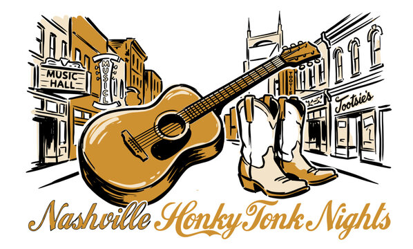 Retro Nashville Honky Tonk Nights acoustic guitar and cowboy boots on Broadway street, vintage graphic illustration for t-shirt design and posters