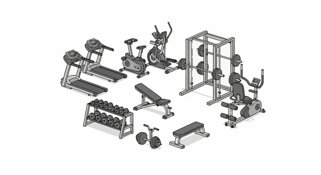 Isometric gym equipment illustration, including treadmills, bikes, weights, and benches