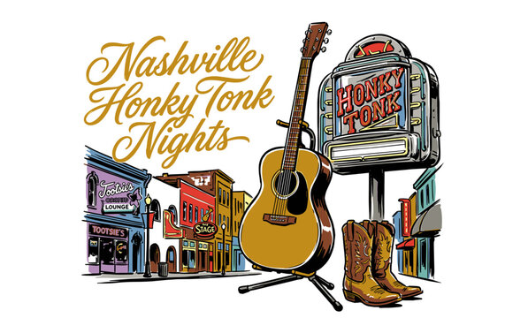 Vintage Nashville country music honky tonk scene with guitar and cowboy boots, retro graphic illustration for t-shirt design and souvenir branding