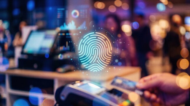 Customer paying with credit card and finger print scanning technology for secure electronic transaction. Biometric data protection and digital payment method for retail and e-commerce shopping.