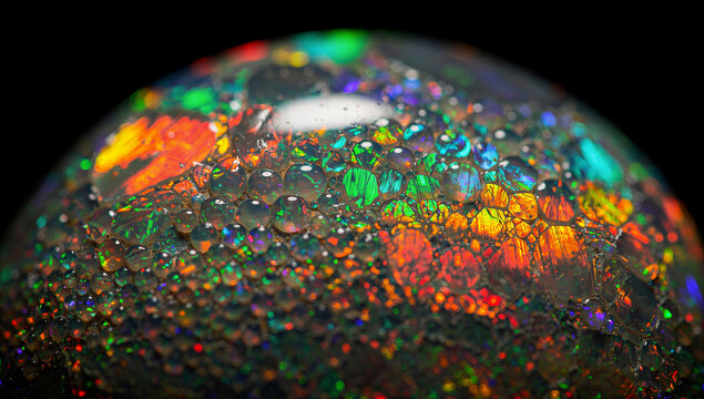 Macro Close-Up of Stunning Colorful Iridescent Fire Opal Gemstone Surface with Rainbow Play of Color Red Orange Green Blue and Teal Crystal Patterns on Dark Black Background, Luxury Gemology and Miner