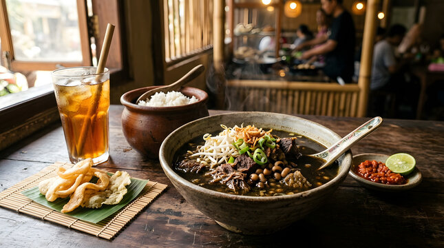 Authentic East Javanese Rawon Black Beef Soup at Traditional Surabaya Warung, Kluwek Dark Broth Landscape orientation