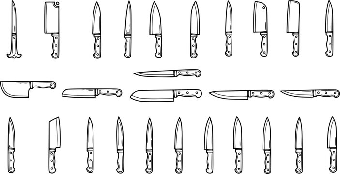Black and White Line Art Set of Kitchen Knives for Food and Cooking Industry, Hand Drawn Collection of Chef, Butcher, and Utility Blades Icons