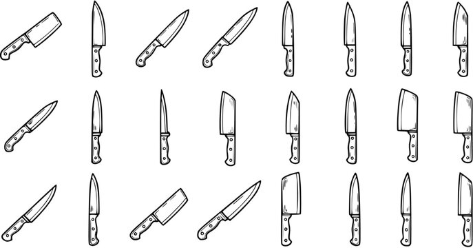 Hand-drawn Black  White Line Art Doodle Collection of Kitchen, Chef, and Culinary Knives for Food Preparation and Butchery