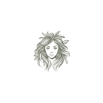 Beautiful woman portrait illustration with long wavy hair interwoven with delicate leaves, hand-drawn sketch style, isolated on white background.