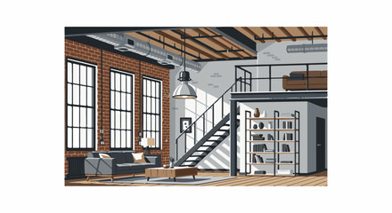 Pixelated industrial loft interior with large windows and mezzanine © Mio