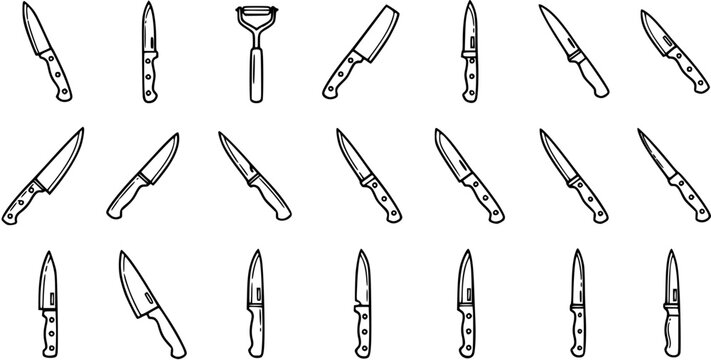Food Preparation Kitchen Knives and Peeler Black and White Line Art Vector Set. Culinary Cooking Utensils Outline Doodles for Chef and Home Kitchen Icons.