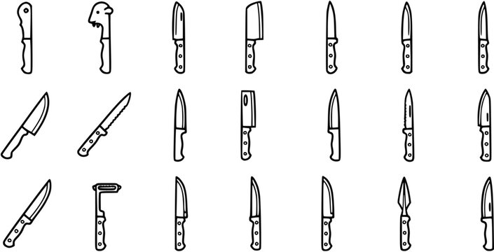 Outline Glyph Icons Set: Diverse Collection of Kitchen Knives and Food Preparation Utensils in Black and White Line Art Style for Culinary Industry
