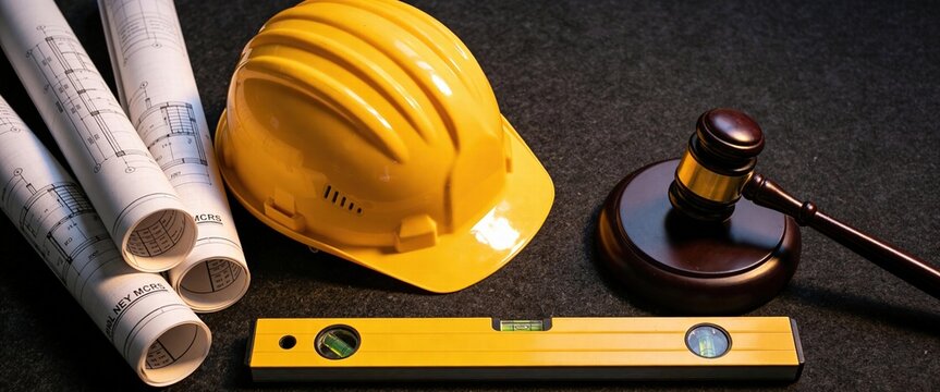 Yellow Hard Hat Judge's Gavel and Rolled Blueprints for Construction Law and Regulation